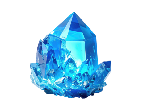 A vibrant, multifaceted blue crystal cluster, rendered on a stark black background
