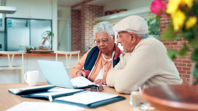 Senior couple, reading and document at house for finance, budget planning and mortgage bills. Elderly people, paperwork and laptop for asset management, retirement application and financial expenses