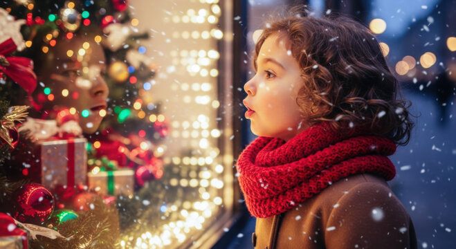 child looking at Christmas store window, decorated tree, snowfall, holiday magic, warm clothes, breath in cold air, reflection in glass