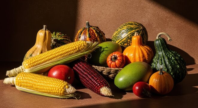 A still life of autumn harvest vegetables and fruits. An assortment of gourds, squash, and corn for a Thanksgiving or Kwanzaa celebration - Powered by Adobe
