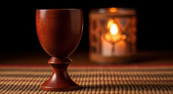 A traditional wooden goblet for a Kwanzaa celebration. The Kikombe cha Umoja, or Unity Cup, illuminated by warm candlelight. African American cultural holiday concept