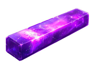 A rectangular cosmic crystal, displaying a vibrant nebula and numerous stars, with a faceted design