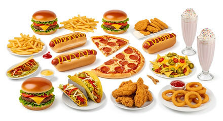 Junk food delicious meals collection set white background