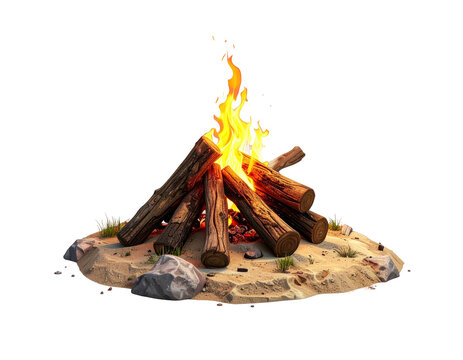 A stylized illustration featuring a burning campfire composed of logs on a sand base