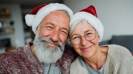happy senior couple in santa hat