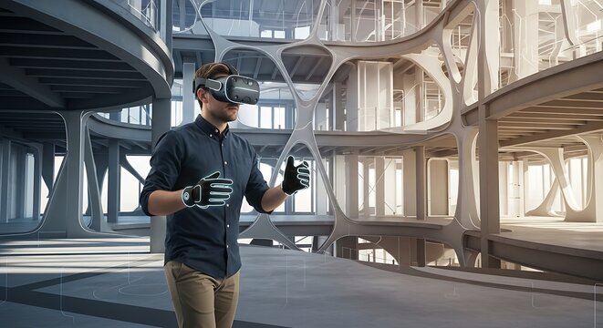 Man in Virtual Reality Headset Exploring Futuristic Architectural Structure