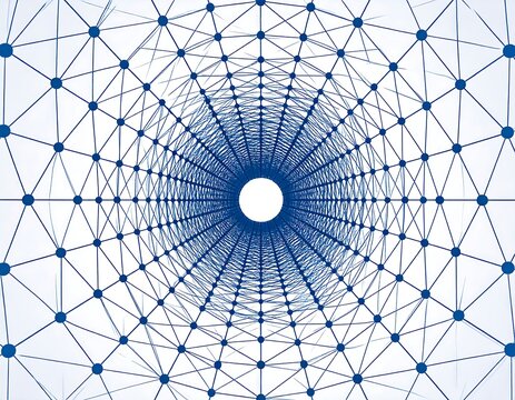 Abstract blue network tunnel with perspective view and nodes.