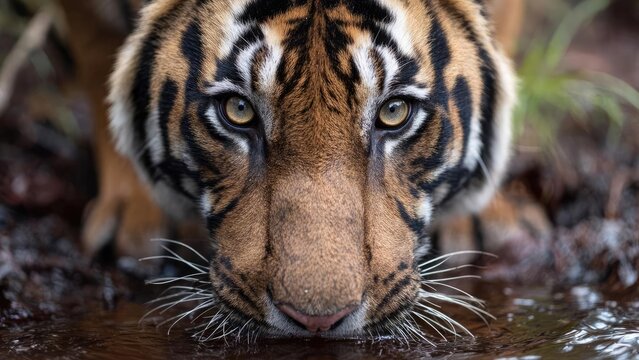 Close-up of a tiger drinking from a muddy pool, amber eyes staring ahead with white whiskers framing the water. Concept Tiger Close-Up, Wildlife Portrait, Amber Eyes, Muddy Pool Scene, White Whiskers