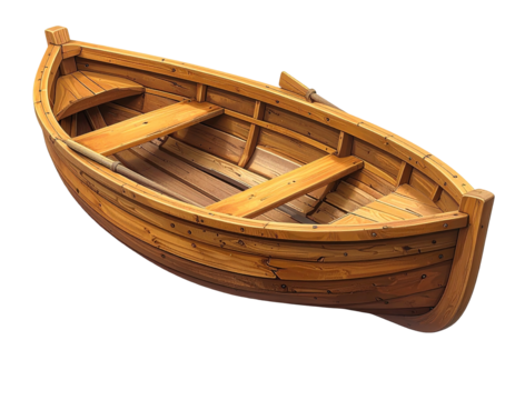 Hand-drawn illustration of a small, empty wooden rowboat with oars, isolated on a black background