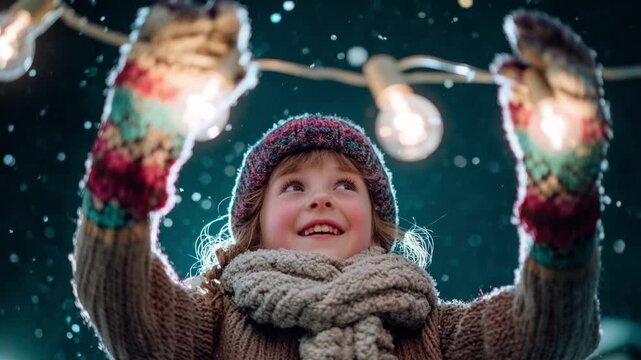 Joyful child holding a string of glowing lights outdoors at night. A happy girl smiling in the falling snow. Magical winter holiday and Christmas concept