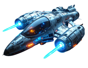 Futuristic spacecraft, metallic blue and orange, emitting laser beams, isolated on black background