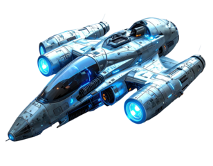 Futuristic spaceship rendered with metallic textures, glowing lights, and transparent canopy