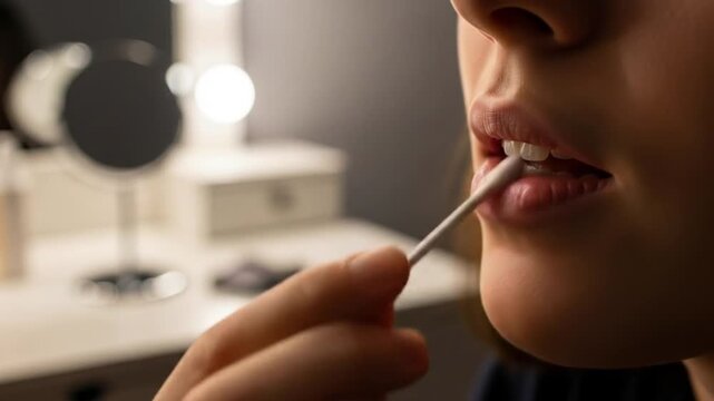 Expert beauty routine in action as woman carefully touches up lipstick with cotton swab at vanity for flawless look, subtle glamour, and makeup mastery