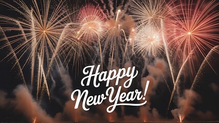 Happy new year text with vibrant fireworks display against a dark night sky celebration scene