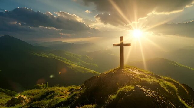 Wooden cross on hill. Sun setting over mountain range. Easter and Christian faith concept. Beautiful landscape.