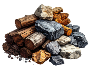 Illustration of logs and rocks forming a pile, rendered with digital textures and depth