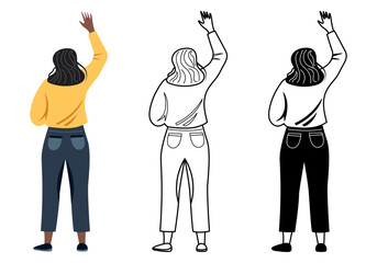 Cheerful young woman with raised hands flat vector illustration