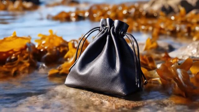 A dark drawstring pouch sits on a rock near the shore, with golden seaweed in the water