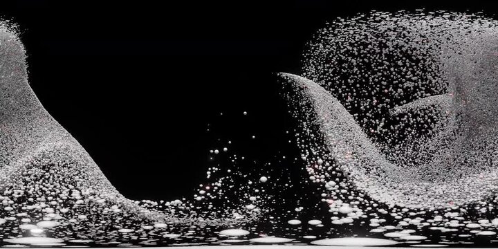 Immersive 360VR 4K video loop of an abstract particle wave forming a flowing cosmic vortex of white spheres on a dark background.
