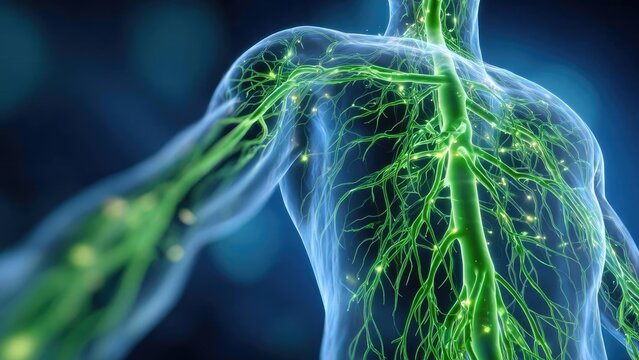 Illustration of the human lymphatic system with glowing green lymph vessels and nodes inside a transparent torso. Concept Image generation prompt