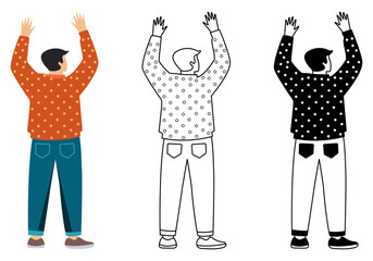 Flat vector illustration of a young man with raised hands