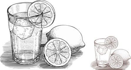 Refreshing lemonade illustration with lemons and ice cubes in a tall glass cup