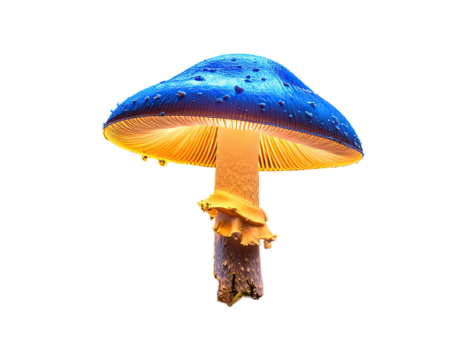 Illuminated mushroom with a blue cap and golden gills against a stark black background