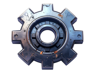 Metallic gear with a central hole, showing wear and tear, isolated on a black background