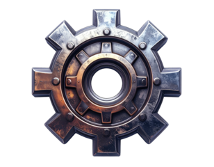 Metallic gear rendered with rusty tones and rivets, appearing mechanical and industrial