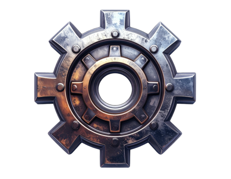 Metallic gear rendered with rusty tones and rivets, appearing mechanical and industrial