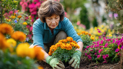 Senior woman planting marigold flowers in a lush vibrant garden, enjoying outdoor hobby and retirement lifestyle