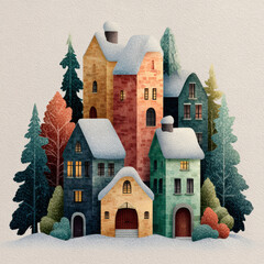 Cozy winter village with snow covered rooftops and warm glowing windows surrounded by colorful trees, creating peaceful and inviting holiday atmosphere