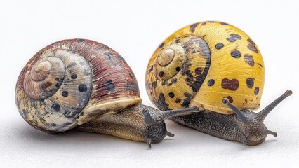 Two garden snails with spiraled, speckled shells crawl side by side on a pale surface. Concept Garden snails, Spiraled shells, Pair crawling side by side, Pale surface, Speckled shells