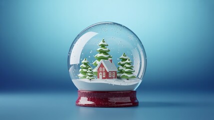 "Whimsical Winter Scene Snow Globe with Red Cottage and Snowy Pines"