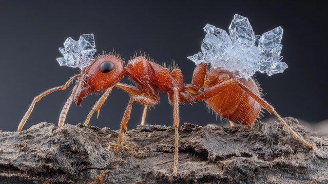 A red ant covered with large ice crystals on its head and back, captured in macro detail. Concept Macro shot of a red ant with ice crystals on its head and back