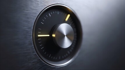 Closeup of a modern safe dial with a brushed metal finish and soft lighting