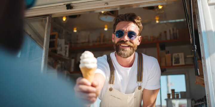 Food truck vendor serving ice cream, smiling man delivering a refreshing summer dessert from his mobile shop - Powered by Adobe