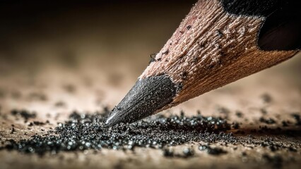Close-up of a sharpened pencil tip digging into graphite dust on a surface. Concept Macro Shot of Pencil Tip, Graphite Dust Detail, Close-Up Texture, Surface Texture, Sharp Pencil Art
