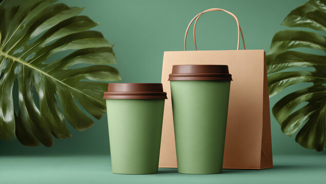 Eco-friendly takeaway items featuring a paper bag and two cups, one green, one brown, framed by monstera leaves for a natural, sustainable concept
