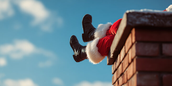 Santa claus getting stuck in a chimney on a brick rooftop against a blue sky, delivering holiday cheer