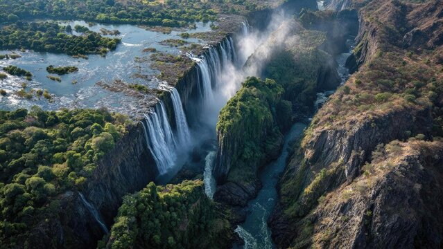 Aerial view of a wide waterfall dropping from a cliff into a deep, misty canyon surrounded by lush green forests. Concept Aerial view of a wide waterfall cascading from a cliff