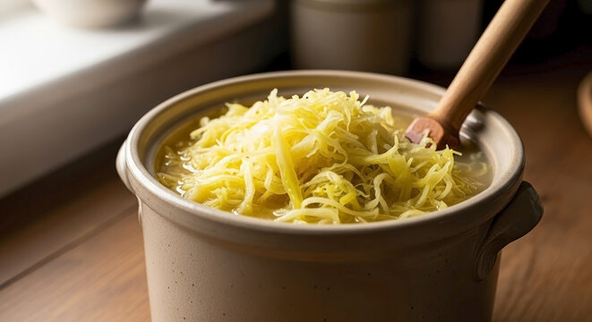 Sauerkraut in Earthenware Crock with Wooden Spoon for Food Blogs, Culinary Websites, Fermentation Education, Healthy Eating Articles, and Traditional Recipes