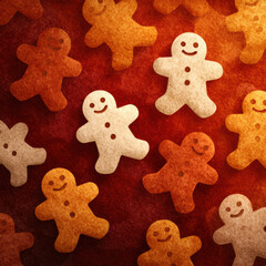 Gingerbread cookie shapes with smiling faces in warm brown and beige tones on textured red background create cozy festive atmosphere perfect for holiday celebrations