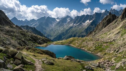 An emerald-blue alpine lake nestled in a rocky mountain valley, surrounded by jagged peaks under a blue sky. Concept Emerald-Blue Alpine Lake, Rocky Mountain Valley, Jagged Peaks, Clear Blue Sky