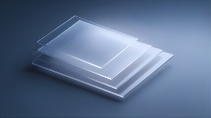 Stack of transparent glass or plastic sheets on a dark blue background