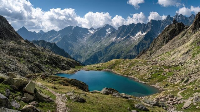 An emerald-blue alpine lake nestled in a rocky mountain valley, surrounded by jagged peaks under a blue sky. Concept Emerald-Blue Alpine Lake, Rocky Mountain Valley, Jagged Peaks, Clear Blue Sky