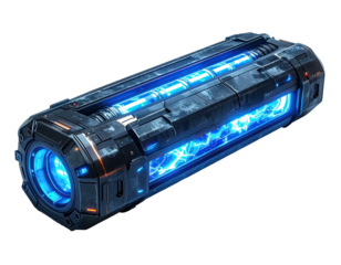 Futuristic cylindrical energy cell with glowing blue interior, metallic casing