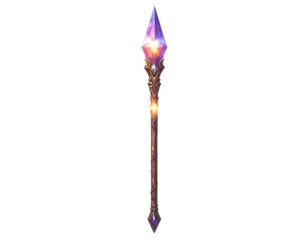 Glowing magical staff with purple gemstone and intricate gold detailing against a black background
