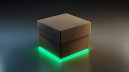 Brown cardboard box with green neon light isolated on a dark background