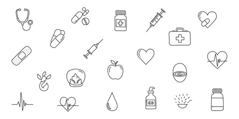 Hand-Drawn Healthcare Love Icon Set with Syringes, Medicine Bottles, Hearts, and Cute Pulse Line Art”